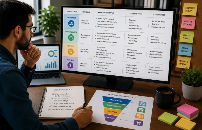 SEO strategist organizing related search queries into content clusters based on overlapping search results