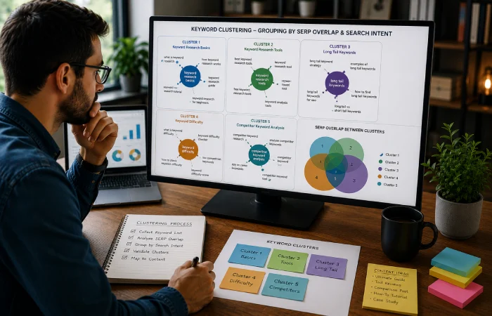 Content strategist mapping keyword groups to informational, commercial, and transactional pages across a marketing funnel
