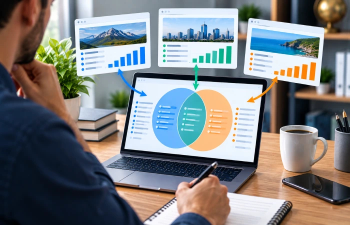 SEO analyst comparing competitor keyword data with their own website to identify content gaps