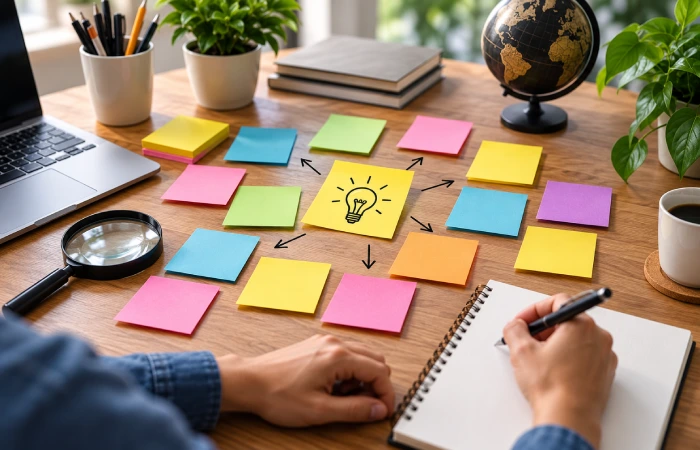 Keyword ideas represented by organized notes and search research concepts