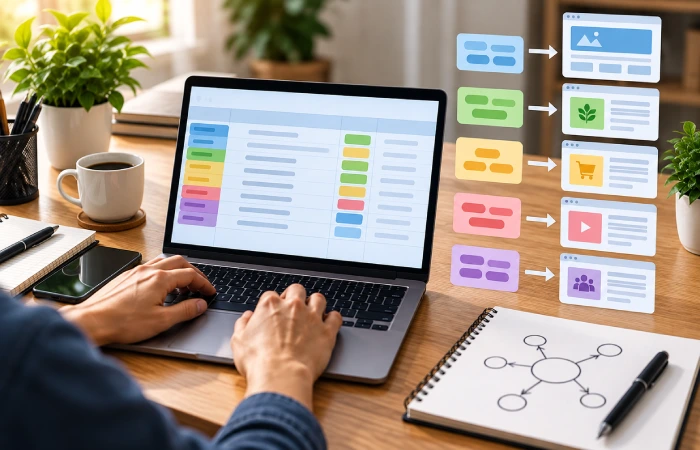Keyword mapping spreadsheet used to organize keywords by website pages