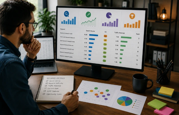 SEO professional analyzing search volume, keyword difficulty, traffic potential, and ranking opportunities