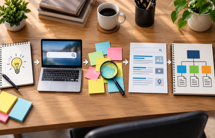 Five-stage keyword research process from seed keywords to page mapping