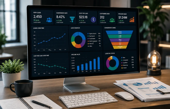 Marketing analytics dashboard showing lead conversion, acquisition cost, pipeline, and sales performance