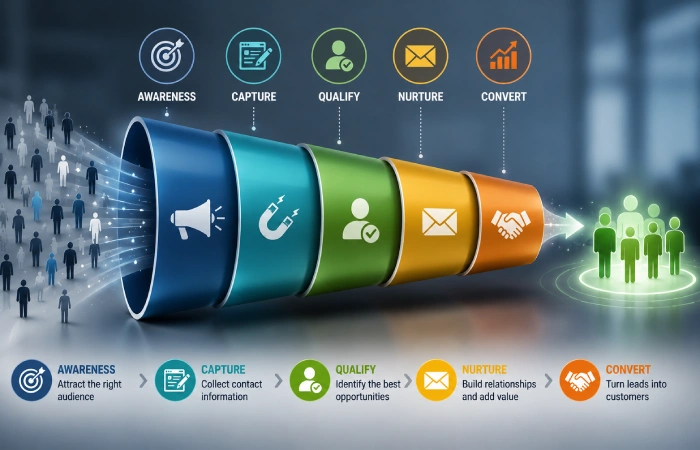 Lead generation funnel showing prospects moving from awareness through consideration to purchase