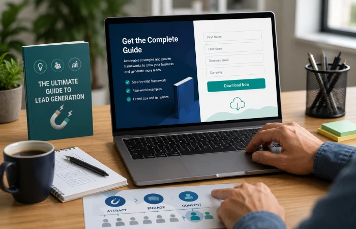 Digital marketing landing page with lead capture form and valuable downloadable resourceImage title: Lead Capture and Conversion
