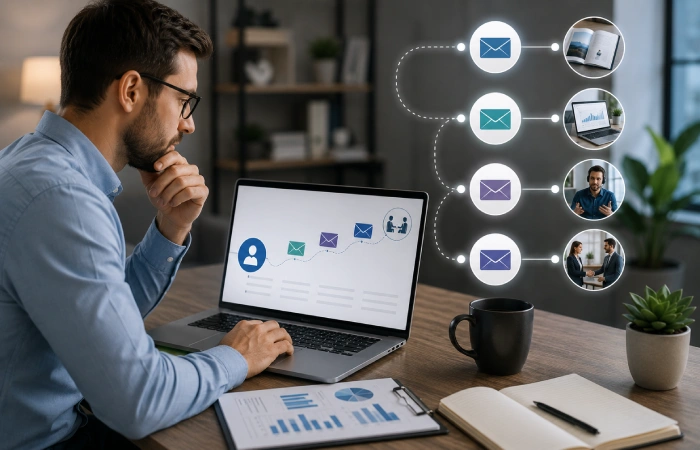 B2B marketing team managing a multi-stage automated email sequence for prospective customers