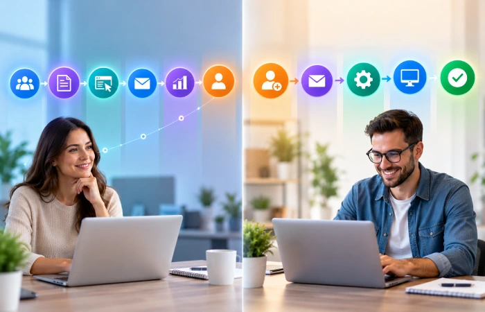 Automated lead nurturing and customer onboarding workflow from initial interest to product adoption