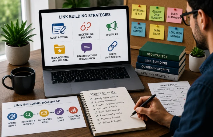SEO specialist planning guest posting, digital PR, broken link building, resource pages, and brand mention outreach