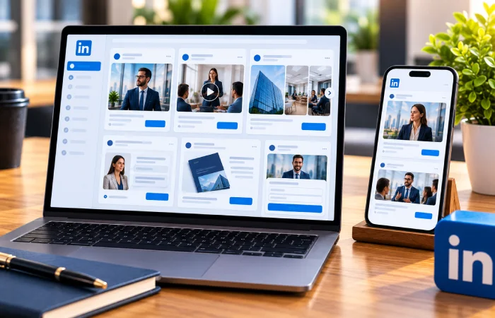 Different LinkedIn advertising formats displayed on laptop and smartphone