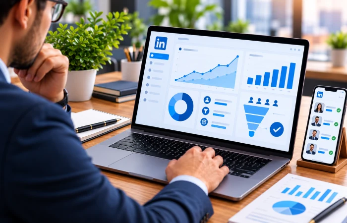 B2B marketer analyzing LinkedIn advertising ROI and campaign performance