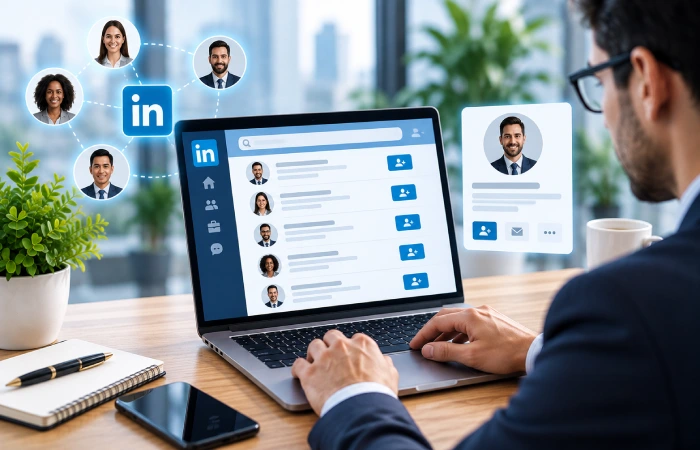 Professional using LinkedIn-style prospecting software to research B2B contacts