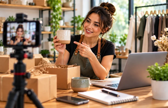 Small business owner creating behind-the-scenes social media content