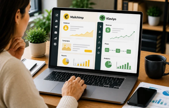 Marketer comparing two email marketing platforms for ecommerce automation, segmentation, and campaign management