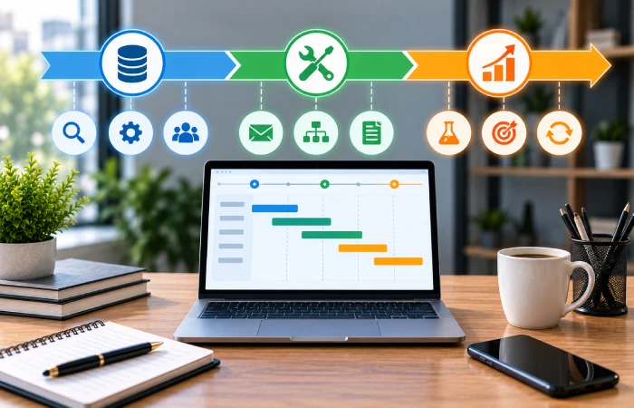 Marketing automation implementation progressing through foundation, workflow building, testing, and optimization