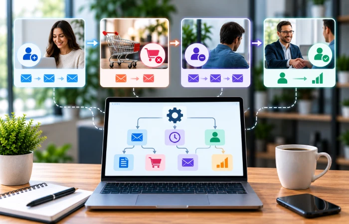 Automated marketing workflows for welcome sequences, abandoned actions, re-engagement, and lead scoring
