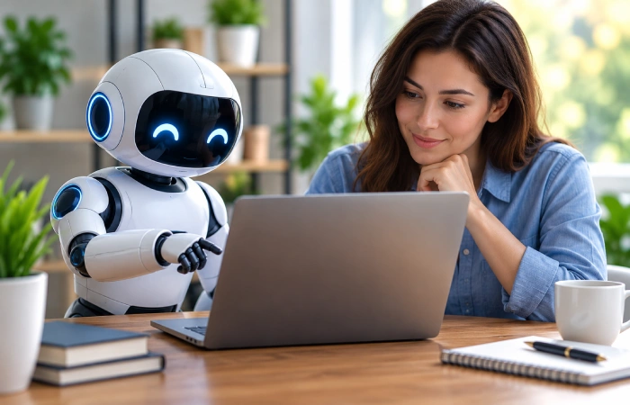 AI assistant helping create a meta description on a laptop