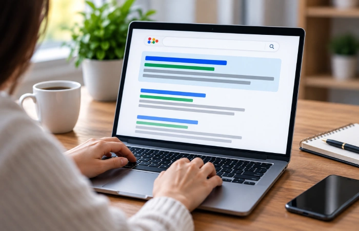 Person reviewing a search snippet on a laptop showing meta description length