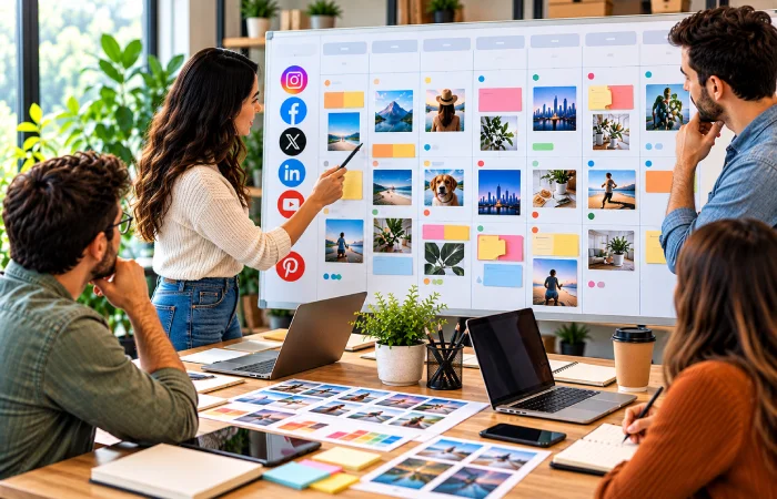 Marketing team planning a monthly social media content calendar