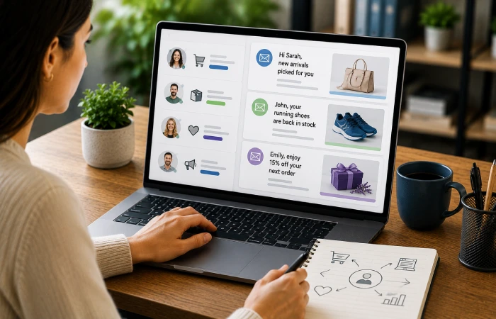 Marketing professional creating personalized email campaigns using subscriber and customer behavior data