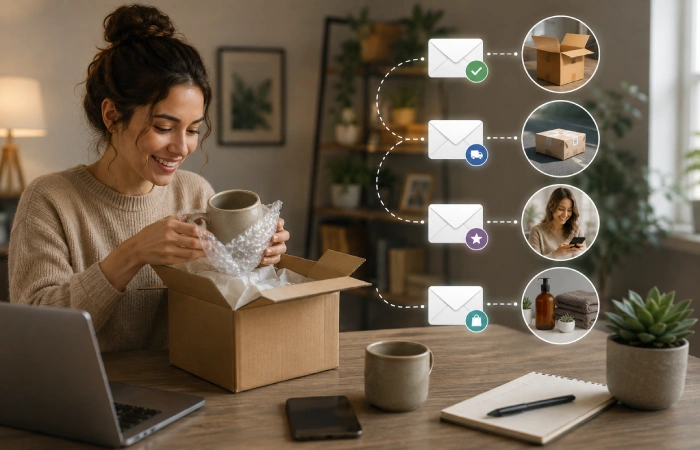 Ecommerce team managing automated customer follow-up emails after an online purchase
