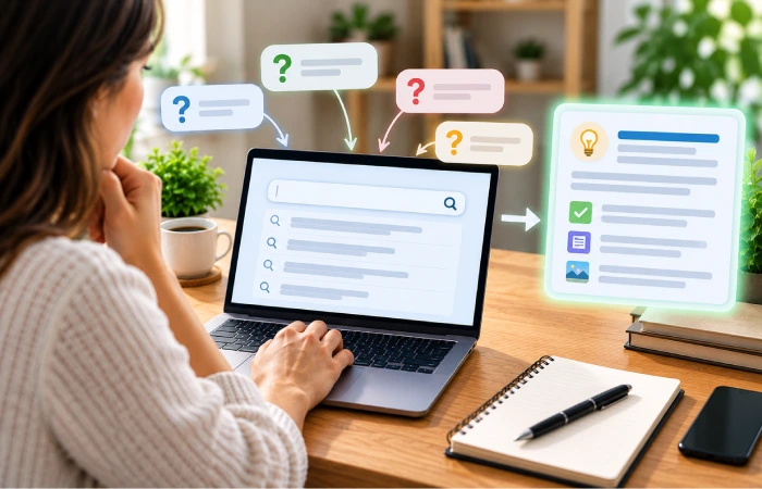 Person researching question-based keywords for SEO