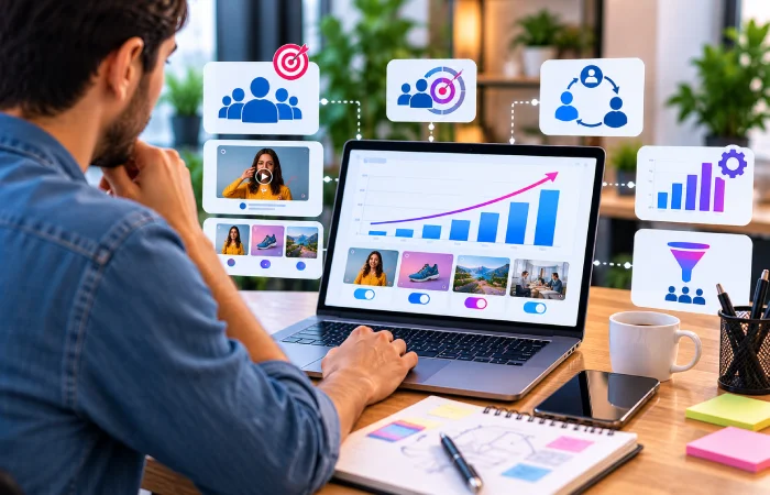 Marketer optimizing social media advertising campaigns to reduce costs