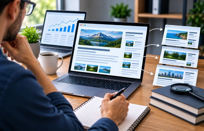 SEO professional studying a competitor's high-ranking webpage to understand what makes it successful