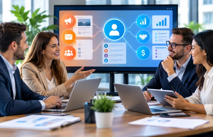 Sales and marketing teams collaborating around shared CRM customer data