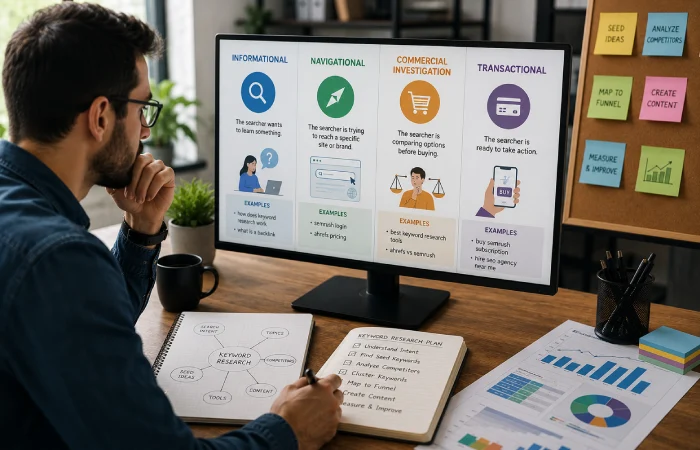 SEO strategist analyzing informational, navigational, commercial, and transactional search queries