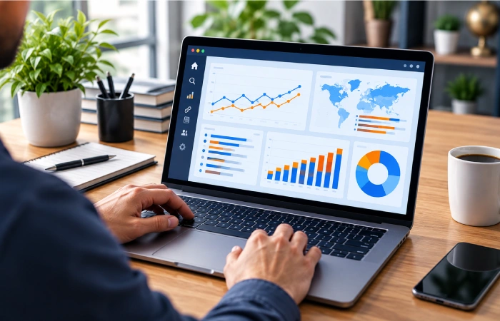 SEO dashboard showing keyword research, competitor analysis, and performance data