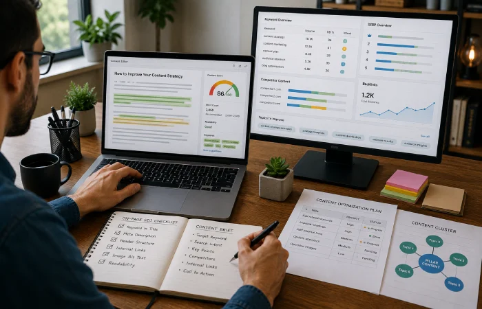 SEO specialist analyzing search rankings, keyword performance, competitor data, and content optimization metrics