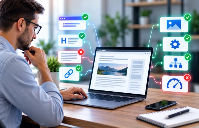 SEO specialist auditing webpage structure, metadata, headings, links, and images
