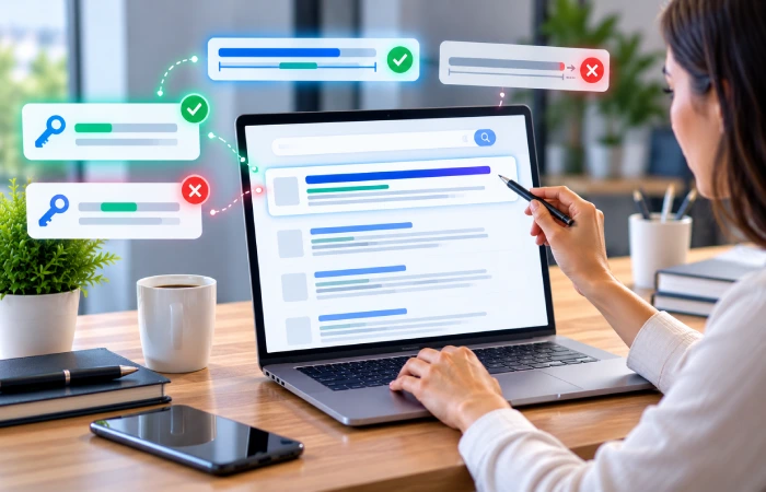SEO specialist optimizing title length and keyword placement for a search result