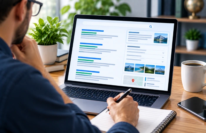 SEO specialist analyzing search results, competing pages, and SERP features