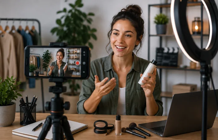 Creator recording vertical short-form marketing video with smartphone, lighting, and microphone in a modern studio