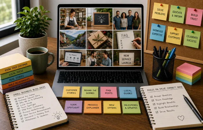 Small business marketing team planning customer stories, FAQs, local content, product insights, service explanations, and behind-the-scenes posts