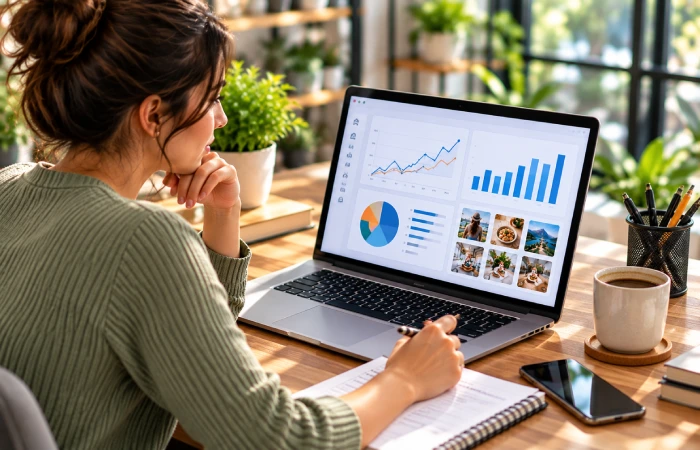 Small business owner reviewing social media performance analytics on a laptop