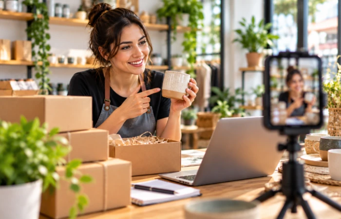 Small business owner using social media to connect with customers