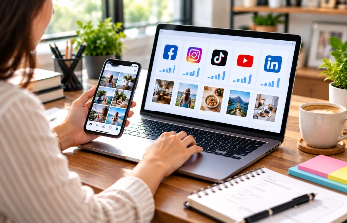 Small business owner managing social media platforms on a laptop and phone