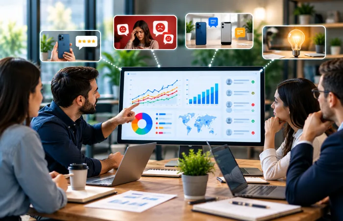 Business team analyzing social listening insights