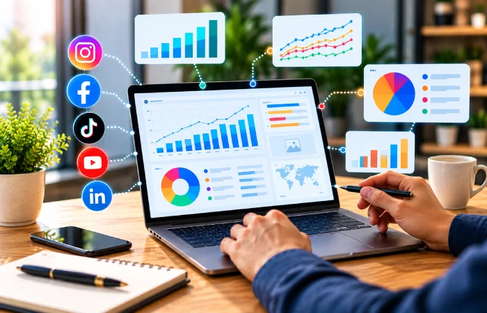 Social media analytics reporting and benchmarking features