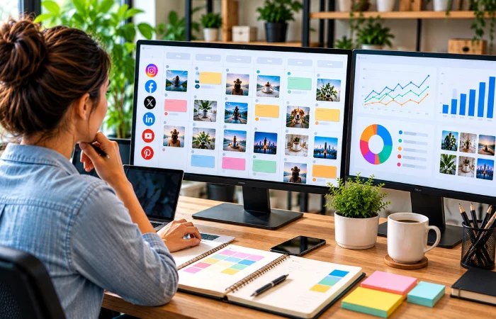 Social media manager reviewing and updating a content calendar