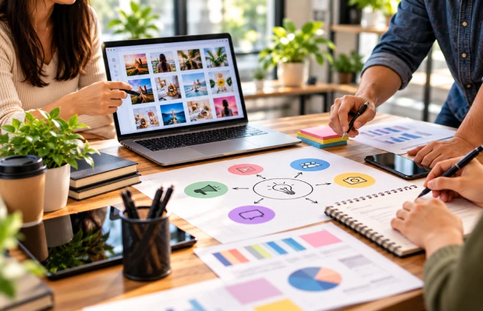 Marketing professional reviewing social media performance metrics