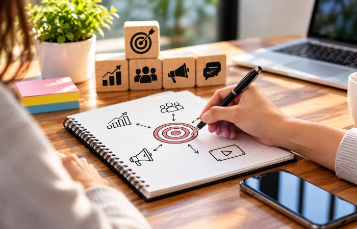 Marketer organizing social media content ideas into a structured framework