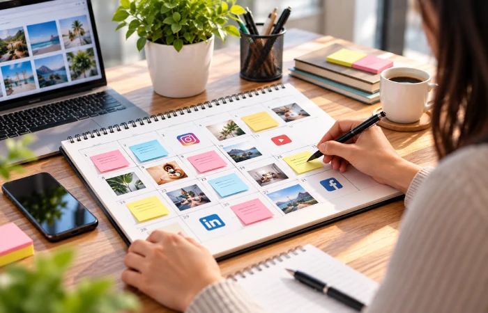 Marketer organizing recurring social media content themes