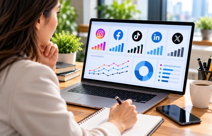 Social media manager selecting a small group of hashtags for a post