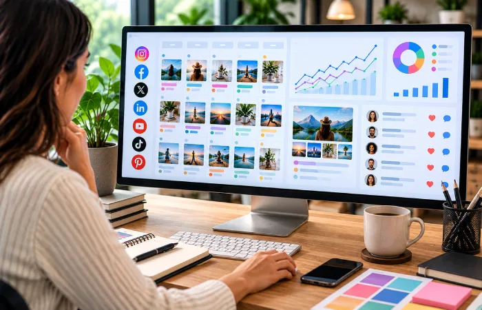 Social media management dashboard showing scheduling analytics and engagement features