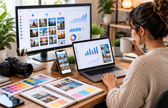 Social media manager using content scheduling and analytics tools