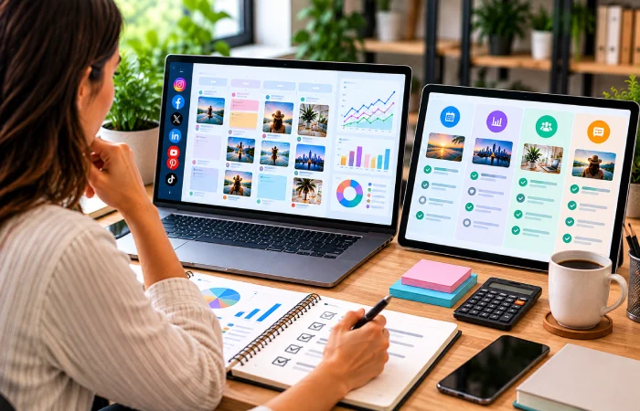 Marketer evaluating social media management platform features